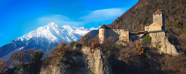 horizontal panoramic landscape of Castel Tirolo Merano italian dolomites Trentino Alto Adige Italy - obrazy, fototapety, plakaty