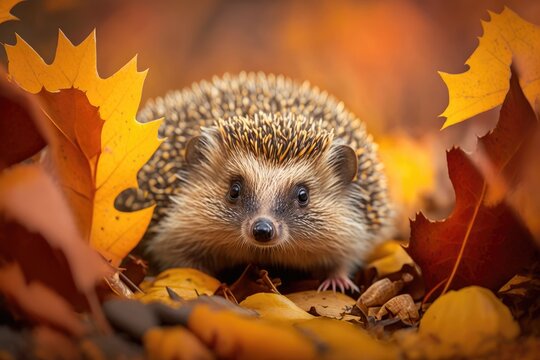 With orange leaves in autumn and a hedgehog. Erinaceus europaeus, a European hedgehog. Photo taken with a wide angle lens. With snipes, a cute and funny animal. Generative AI