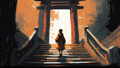 The Explorer: Illustration Painting of a Young Boy Ascending the Stairs to the Torii Gate, Generative AI
