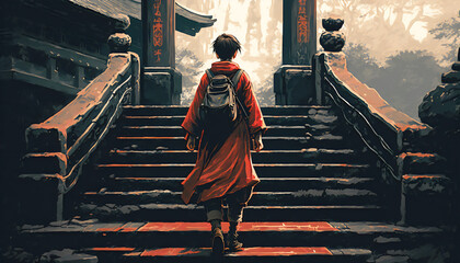 The Adventure: Digital Art Style Illustration of a Young Boy Walking Up the Stairs to the Torii Gate, Generative AI