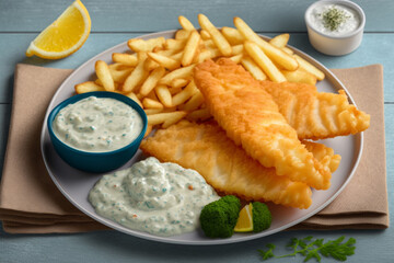 Illustration of British traditional fish and chips with tartar sauce. fast food, unhealthy food menu. Image created with Generative AI technology.