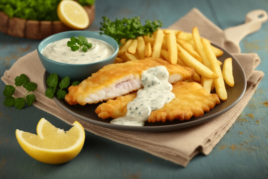 Illustration of British traditional fish and chips with tartar sauce. fast food, unhealthy food menu. Image created with Generative AI technology.