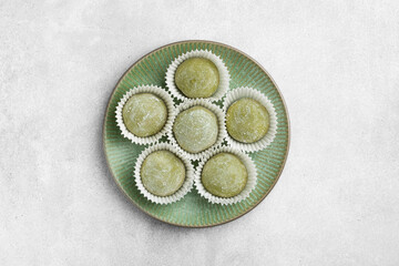 Traditional Japanese dessert mochi matcha, top view