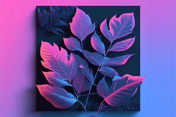 Image of leaves over pink neon square on blue background