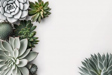 Minimalist modern banner or header with succulent plants on a white surface with lots of copyspace for your text - top view/ flat lay
