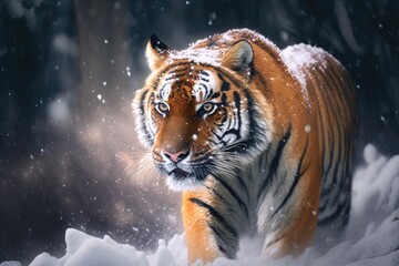 Tiger, cold Russian winter in the taiga. Wild Amur cat with snowflakes. Russia's animal life. Wild winter nature with tiger snow run. Siberian tiger, dangerous animal in a wild scene with action