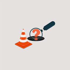 Traffic cone and question mark out from hole with magnifying glass vector illustration Warning under construction sign with traffic cone and hole illustration
