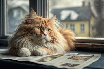 A white and red cat with long hair and sore eyes is lying on newspapers on the windowsill. Horizontal photo. Generative AI