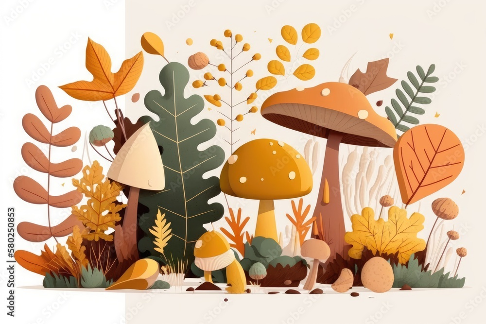 Poster autumnal composition with flat colored objects like mushrooms and leaves object in its entirety on w