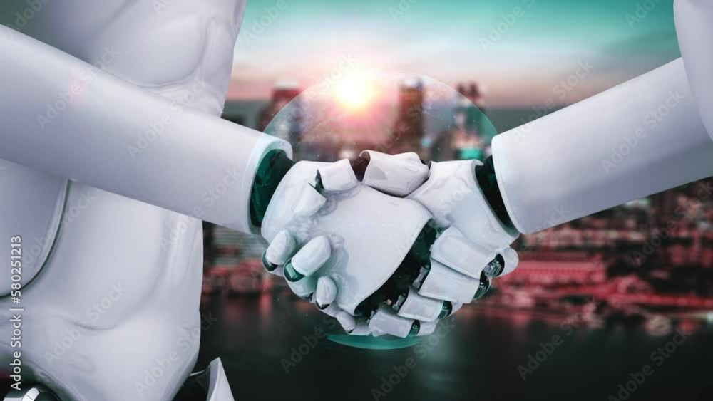 Poster 3d rendering hominoid robot handshake to collaborate future technology development by ai thinking br
