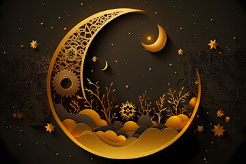 Ramadan Kareem. Gold moon and abstract luxury islamic elements background made with Generative AI