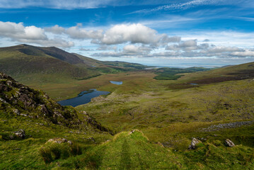 Fototapeta na wymiar Panoramic view from Conor Pass, Dingle Peninsula, County Kerry, Ireland