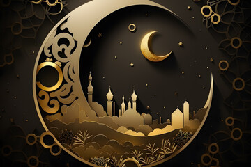 Ramadan Kareem. Gold moon and abstract luxury islamic elements background made with Generative AI