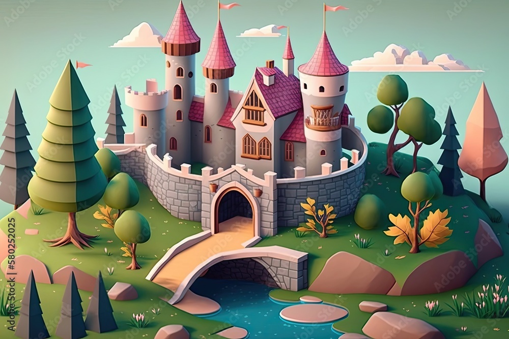 Poster Magical kingdom with a castle fit for a princess. Lovely scenery, complete with a medieval castle and a lush green field. Location out in the wilderness. The toy was marketed at females. Wonderland