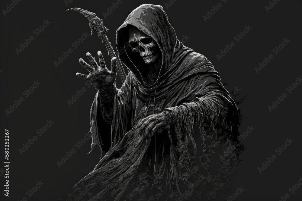 Poster possibility of copy placement over a black backdrop featuring the grim reaper extending his hand. ge