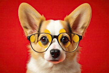 Portrait of a funny corgi dog puppy with big ears on a yellow background with red hearts on its glasses. Generative AI