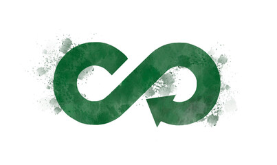 circular economy hand draw icon by green watercolor. The concept of Sustainable development of strategy responsible consumption and pollution. Illustration png file.