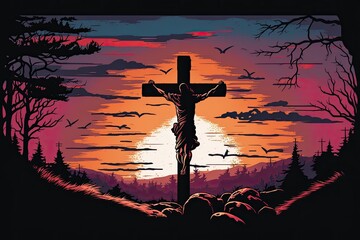 crucifix silhouette on a sunset background. Generative AI