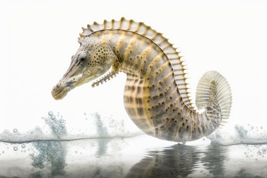 In focus image of a sea horse swimming on a white background. Generative AI