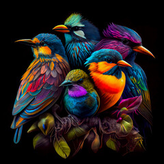 Group of multi-colored birds on a black background. Colorful birds. Generative AI