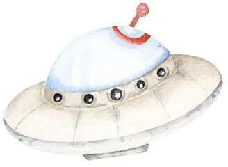Hand painted watercolor spacecraft.Cartoon ufo ships.Cosmic space theme, the universe.Flying saucer. © joy8046