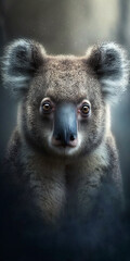 Cinematic Extreme Closeup Of  Koala Looking Into Camera In Foggy Bokeh Light Generative Ai Digital Illustration Part#120323