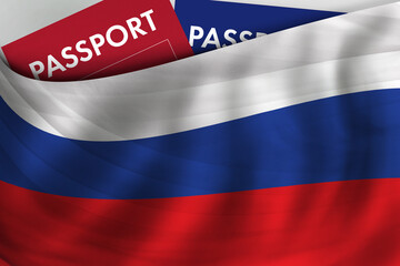 Russian flag background and passport of Russia. Citizenship, official legal immigration, visa, business and travel concept.