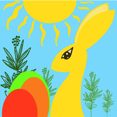 easter bunny with eggs yellow rabbit,easter eggs,orange,light green,red,sun,green plants,easter illustration,happy easter