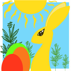 animals in the jungle yellow rabbit,easter eggs,orange,light green,red,sun,green plants,easter illustration,happy easter