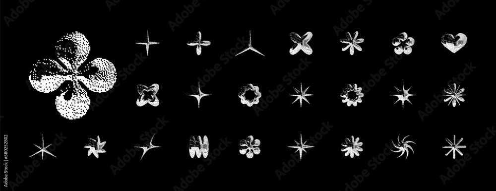 Poster set of pixelated y2k style design elements, including stars and flowers. trendy collection of vector