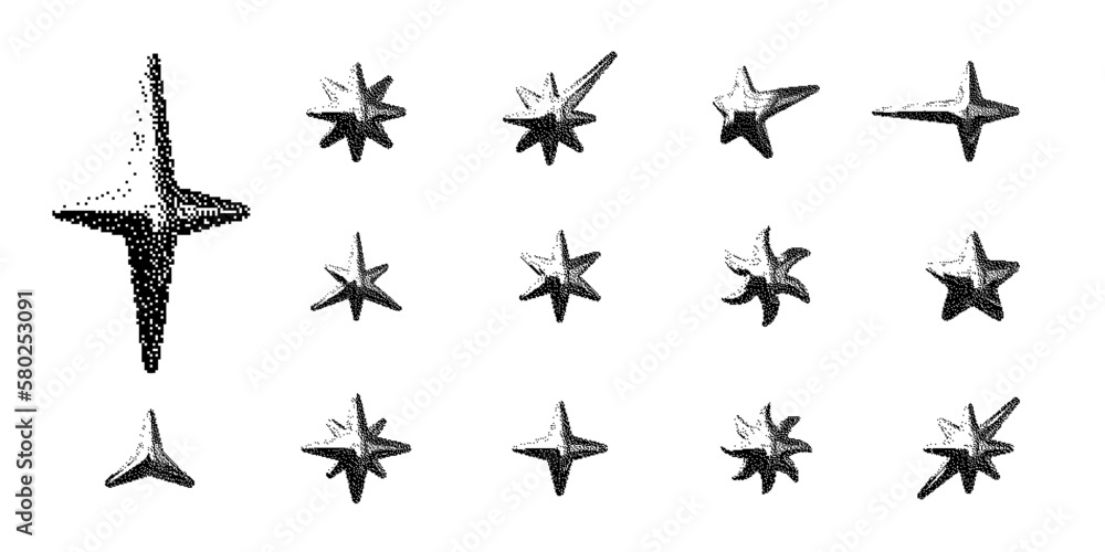 Poster pixelated y2k stars vector set isolated on white. trendy retro futuristic elements for design projec