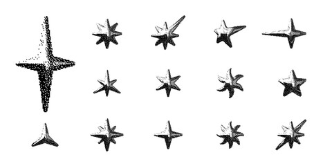 Pixelated Y2K stars vector set isolated on white. Trendy retro futuristic elements for design projects, posters, banners, web design