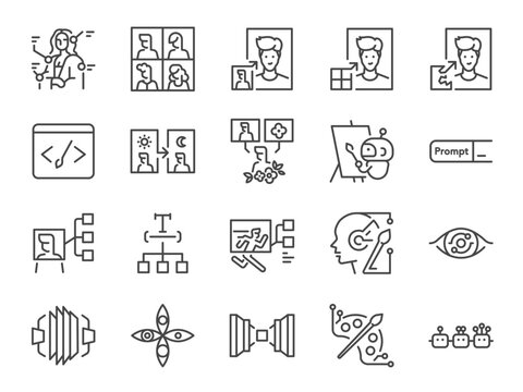 AI image generator icon set. It included icons such as Artificial Intelligence, art, create, textual technology, program, and more.