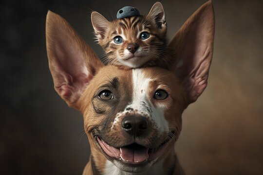 A picture of a happy mixed breed dog with a kitten on his head. Generative AI