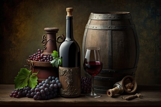 red wine, a bottle, a glass, and an antique barrel a still life. Generative AI