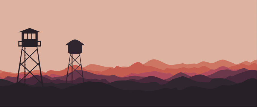 Nature landscape silhouette vector illustration with water tower, landscape illustration suitable for background, wallpaper, desktop wallpaper, nature banner, conservation or travel banner ideas