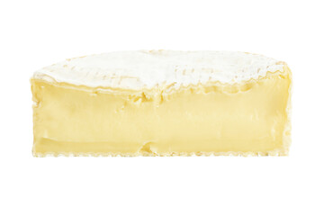 Piece of camembert cheese isolated on white background, full depth of field. File contains clipping path.