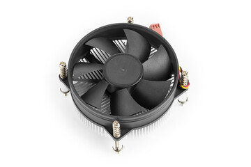 Cpu cooler, heat sink with on white background. Сomputer components, fan.