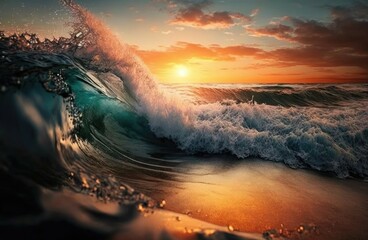 Beautiful picture of the ocean's relaxing waves with a sunset backdrop. Generative AI