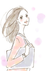 出かける女性　明るい表情のイラスト　春