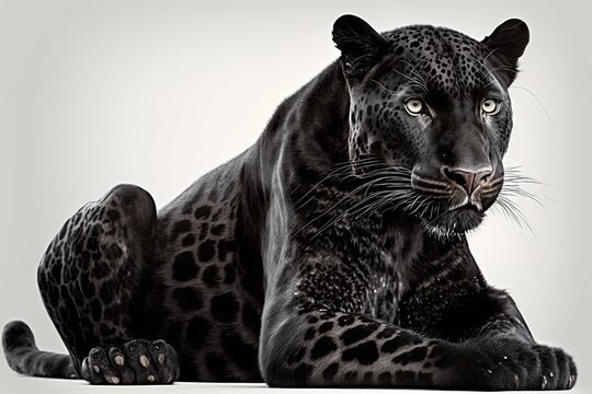 Remastered 6 year old black leopard on white backdrop. Generative AI