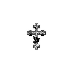 Christianity cross and pigeon bird flying icon isolated on white background