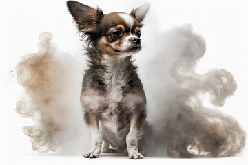 Chihuahua that dies in his master's hands and flies away in smoke on a white background. Generative AI