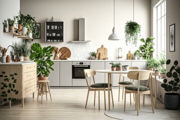 Scandinavian minimalism in home design. Bright living, dining, and kitchen areas in a studio. kitchen made of wood with an island, plants, and a table with dishes. Generative AI