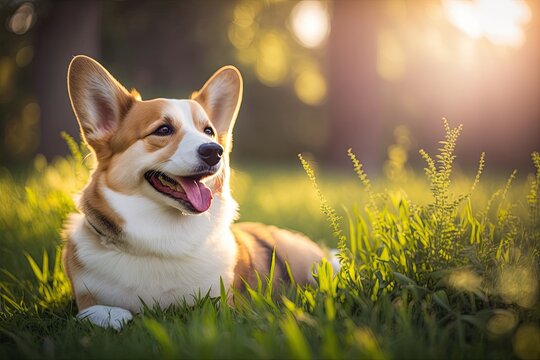 Purebred that is happy and active On a sunny summer day, a Welsh Corgi dog is outside in the grass. Generative AI