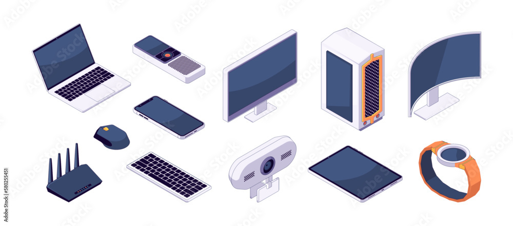 Poster isometric gadget set. wireless smart devices laptop wi-fi router web camera smart watches mouse keyb