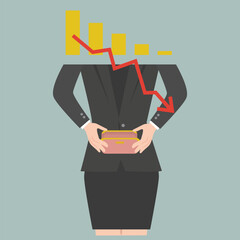 Businesswoman show an empty wallet without money in her hands,Financial Crisis, People in financial crisis with no money, illustration vector cartoon
