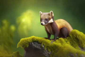 Foto op Canvas Stone marten, Martes foina, on a clear green background. Detail of a beech marten, a forest animal. A small animal that eats other animals is sitting on a beautiful green moss rock in the forest. Fran © AkuAku