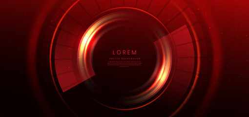 Abstract circle element technology connection digital data on red background.