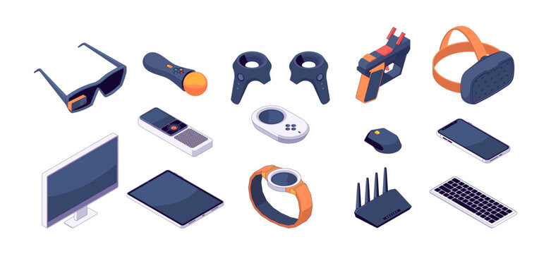Isometric gaming devices. Joystick and gamepad controllers, VR helmet and AR glasses game accessories. Vector phone tablet and PC isolated set. Smart watch, wi fi router and, electronic technology